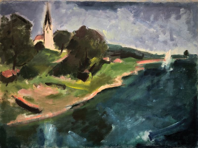 Gollenshausen am Chiemsee de Otto Geigenberger, impresionismo, paisaje con lago y cielo