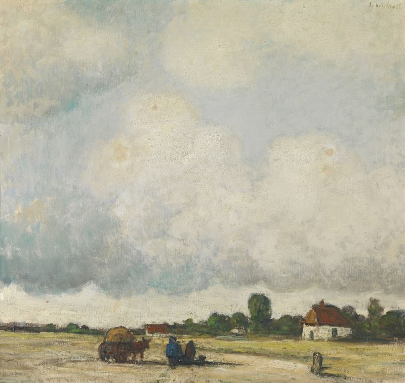 Landscape oil painting by Jakob Smits showing a river, green grass, and reflections.