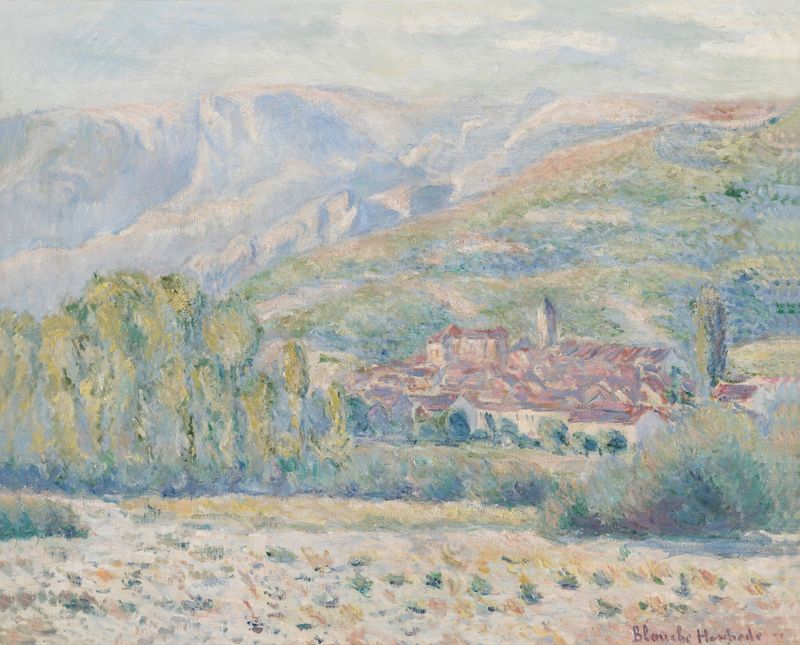 Village de Poujal-sur-Orb de Blanche Hoschedé-Monet, óleo sobre lienzo que representa un paisaje de aldea tranquilo.