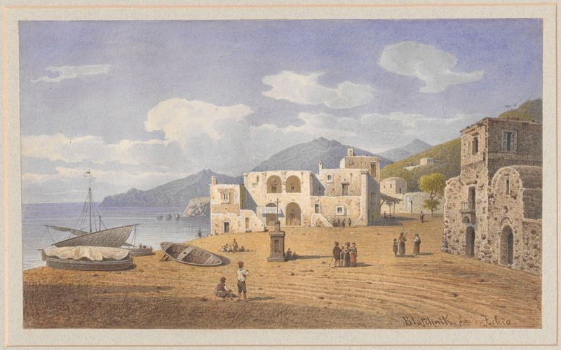 Cena marinha mostrando um cais em Lacco Ameno, pintura a óleo de Arthur Blaschnik