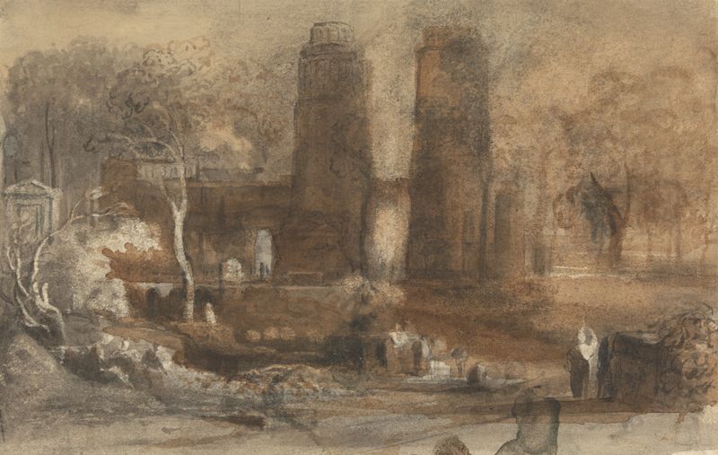 A Romantic Landscape de John Varley, retratando colinas e um céu suave em uma pintura a óleo.