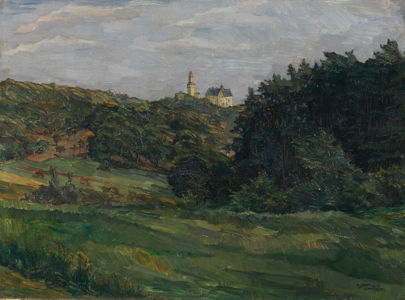 Burg Kronberg im Taunus, oil on canvas by Wilhelm Trübner, depicting a castle among rolling hills.
