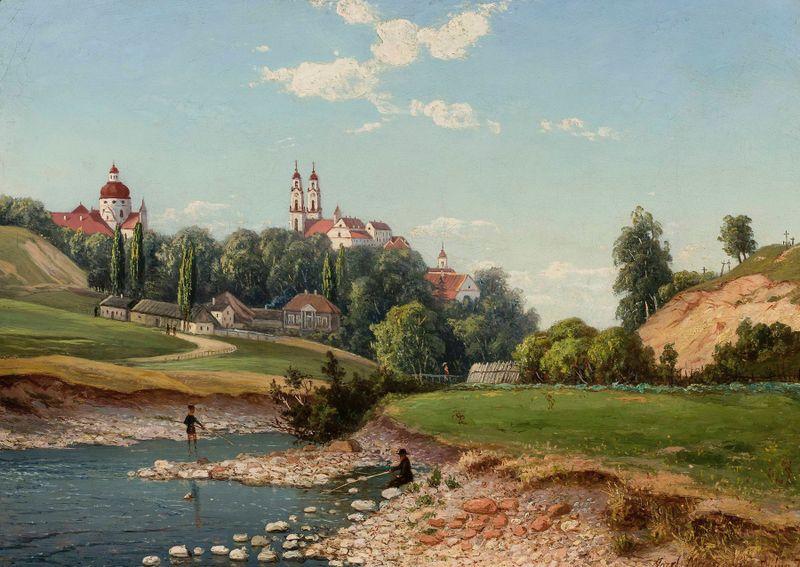 Genre scene depicting children playing near a church, by Józef Marszewski, 1870