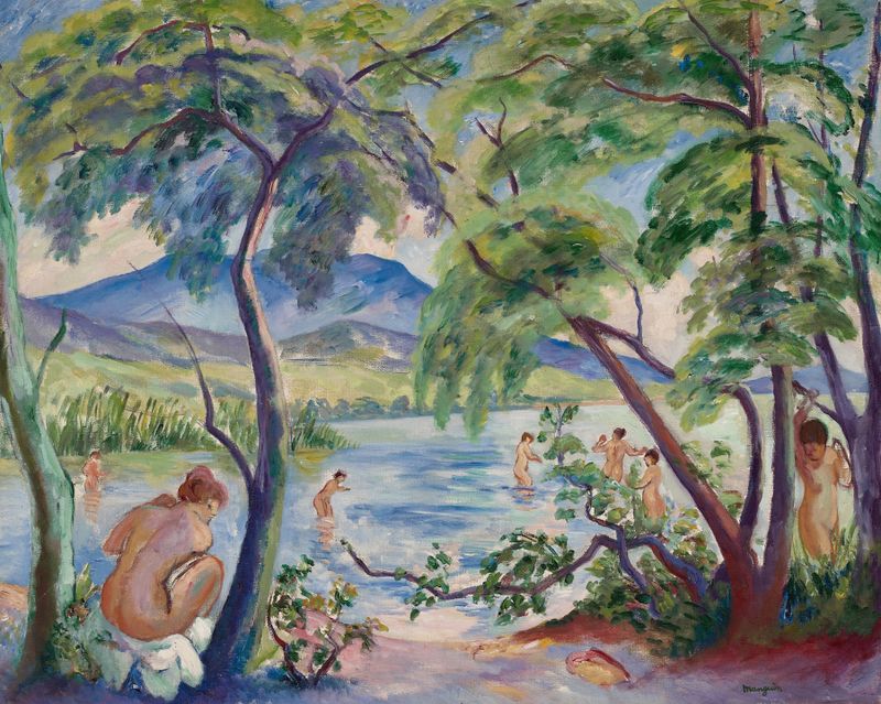 Paisaje con bañistas en colores vibrantes de Henri Manguin, pintura al óleo.
