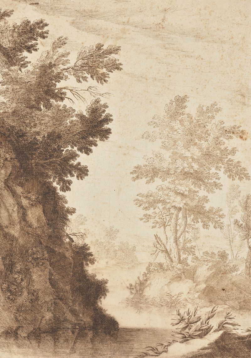 Uma paisagem de rio rochoso com uma cidade distante de Ludovico Mattioli, meio desconhecido