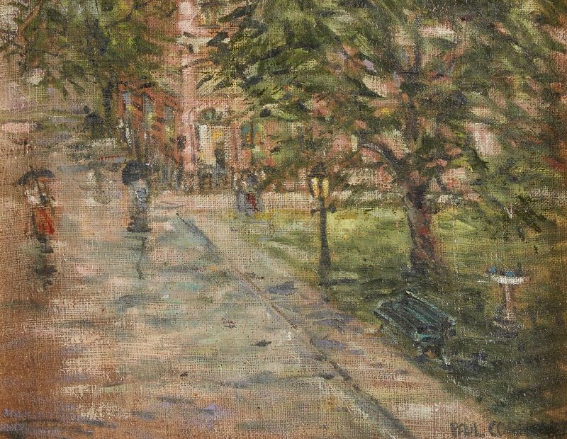 Rainy street scene in oil painting by Paul Cornoyer, featuring reflections on wet pavement.