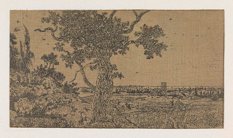 Paisagem com um carvalho e céu tempestuoso, gravura de Hercules Segers