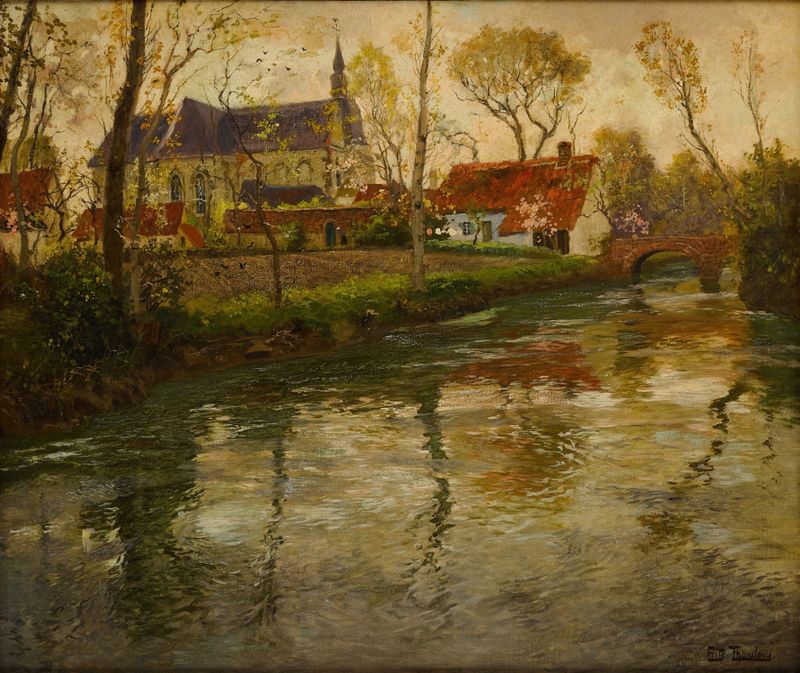 A river landscape with a church and rolling hills, oil painting by Frits Thaulow