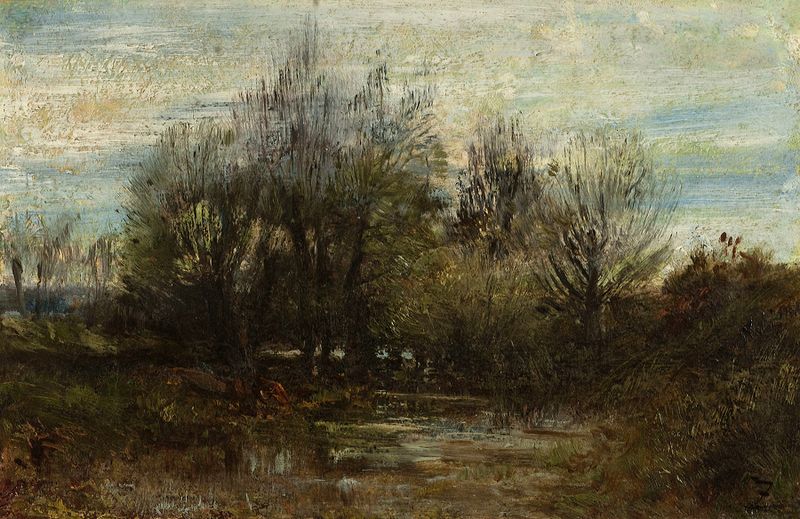 Paisaje impresionista de Félix Ziem, que representa el crepúsculo y los reflejos en el agua.