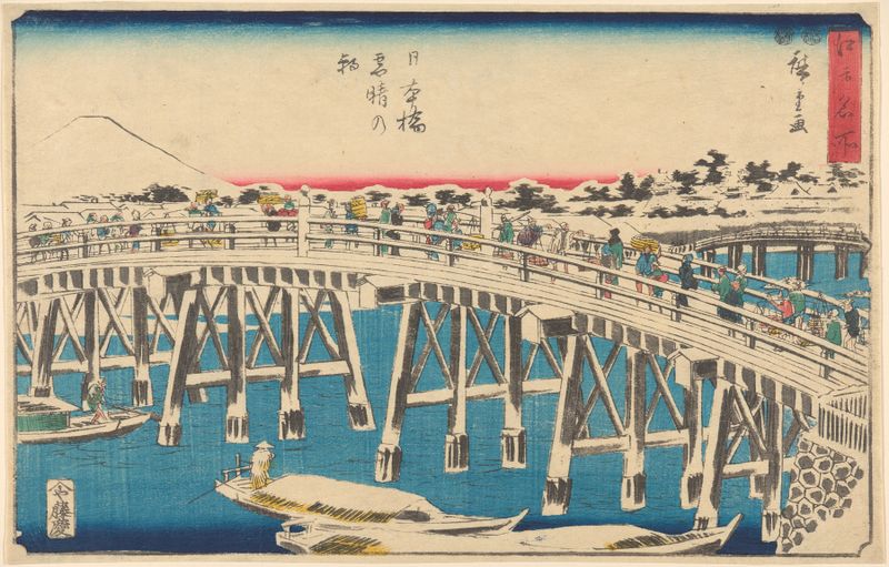 Grabado en madera de Utagawa Hiroshige que representa Nihonbashi in Snow con un río y figuras.