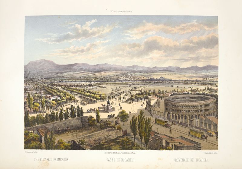 Paisagem representando O passeio Bucareli de C. Castro, pintura a óleo