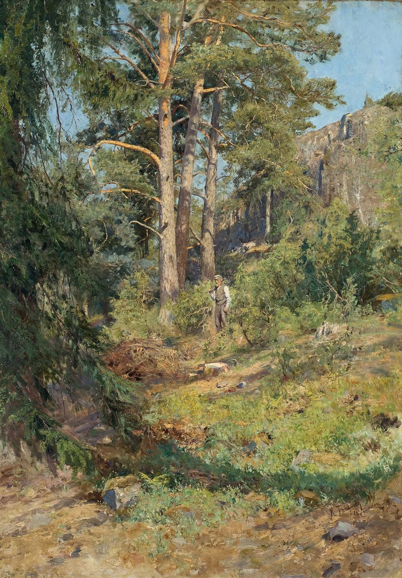 Pine Forest Skutudden, oil on canvas by Carl Trägårdh, depicting a tranquil forest scene with towering pines.