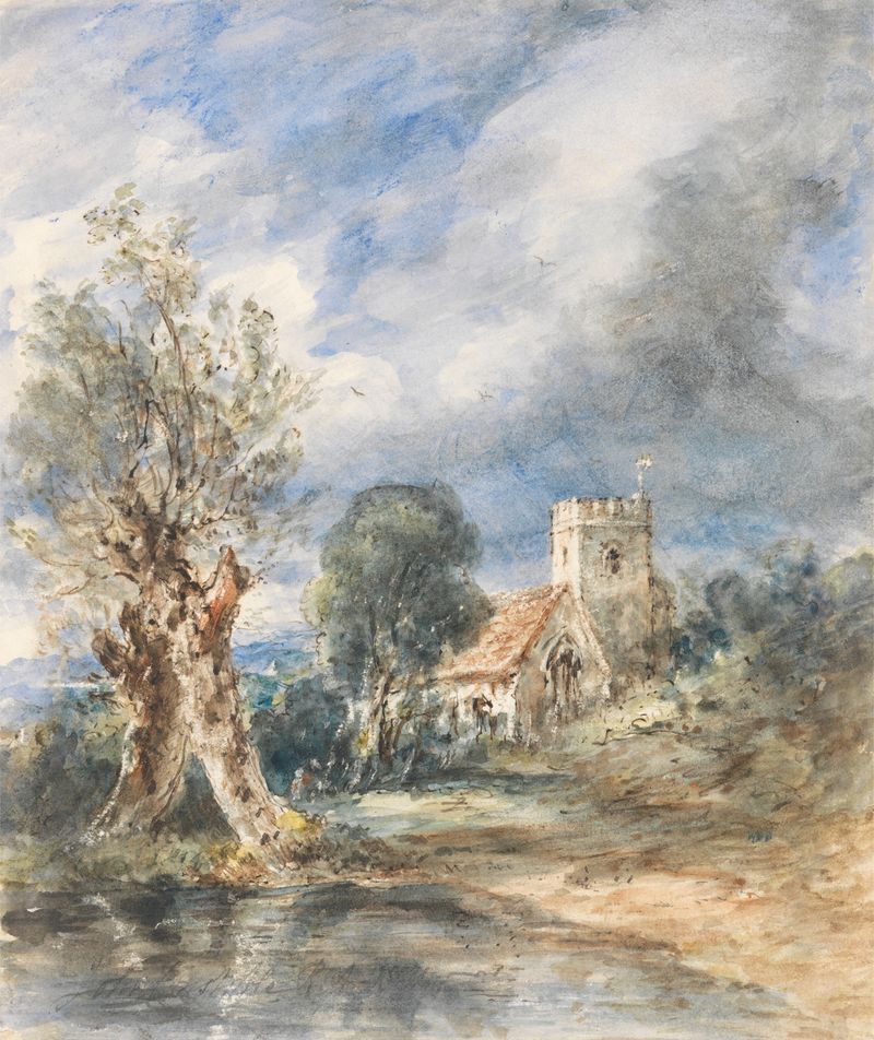 Stoke Poges Church, óleo sobre tela de John Constable, retrata uma igreja cercada pela natureza e luz suave.