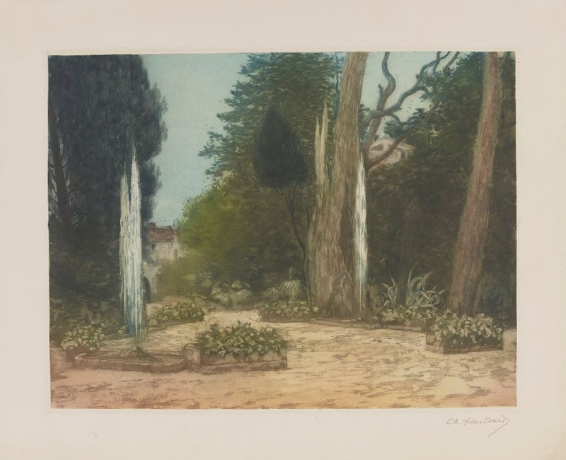 Villa d’Este, Tivoli by Charles-Louis Houdard, oil on canvas depicting a garden fountain.