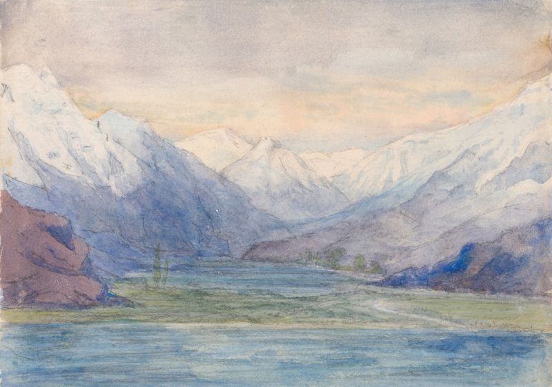 Mountain Landscape by John Ruskin, watercolor on paper depicting mountains and a sunset sky.