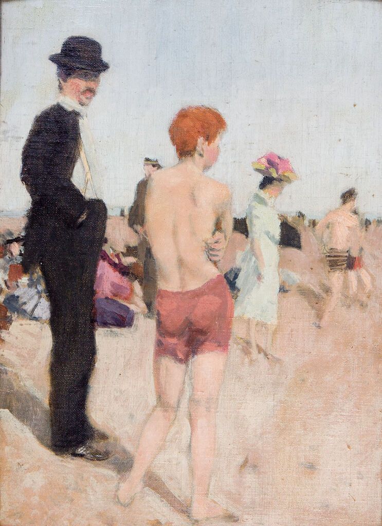 Escena de playa con dos figuras, óleo sobre lienzo de Denman Waldo Ross