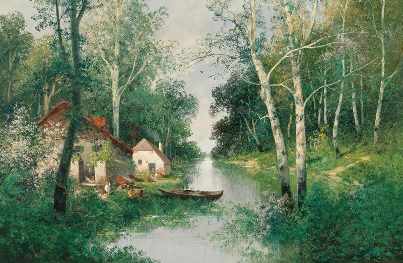 A River Landscape in Spring by Adolf Kaufmann, impressionism, depicting a serene river scene