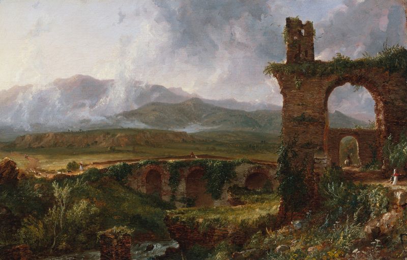 A View near Tivoli, oil on canvas by Thomas Cole, depicting lush hills at dawn.