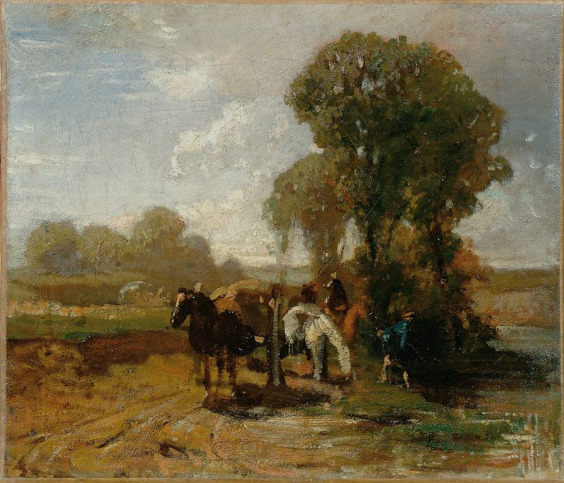 Figurative oil painting by Hans von Marées featuring a lone figure in earthy tones.
