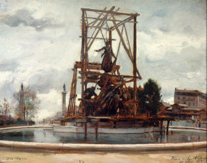 Historical scene of workers preparing the monument, oil painting by Victor Marec