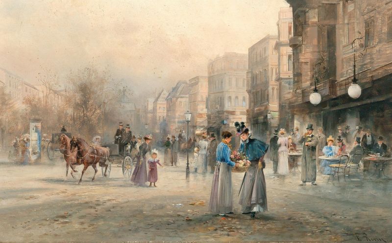 Genre scene depicting figures in an urban setting, oil painting by Emil Barbarini