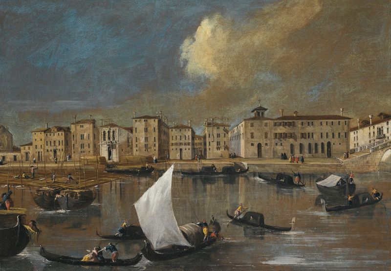 Oil on canvas by Venetian School depicting the Fondamenta Nuove and Ospedale Dei Mendicanti