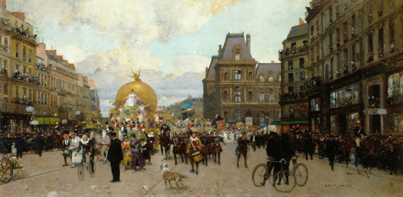 Escena de género que representa una celebración de baile en París, pintura al óleo de Luigi Loir