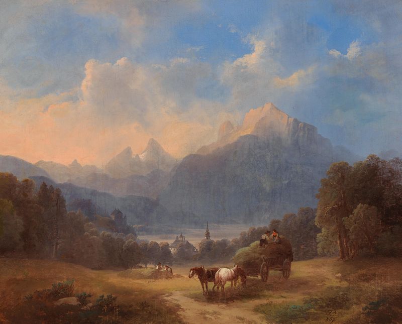 Tranquil lake reflecting twilight hues, oil on canvas by Franz Barbarini