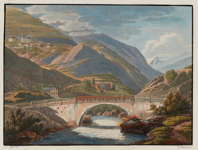 Oil painting by Johann Jakob Meyer depicting a village and mountains.
