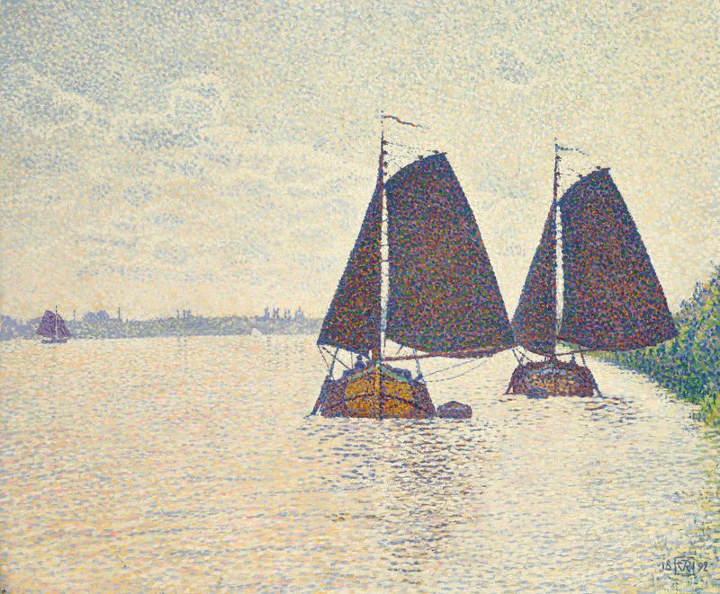 Péniches sur l’Escaut by Theo van Rysselberghe, oil painting depicting boats on a river