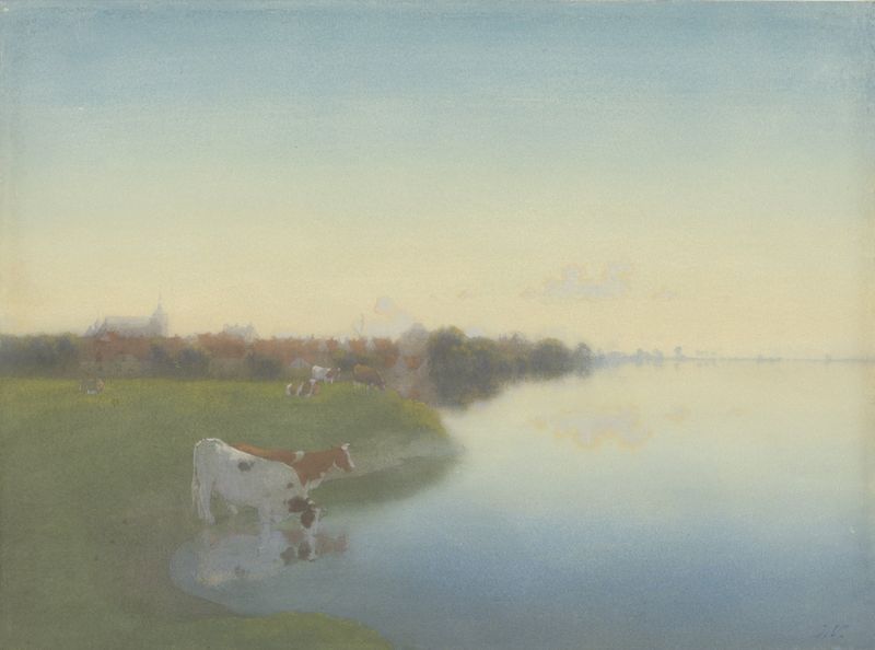 Oever van de IJssel bij Hattem, óleo sobre lienzo de Jan Voerman, que representa un paisaje de río tranquilo.