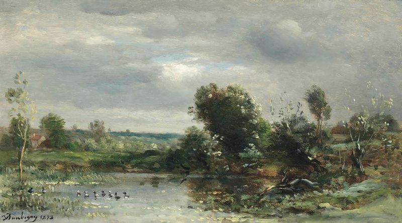Patitos en un lago, óleo sobre lienzo de Charles François Daubigny