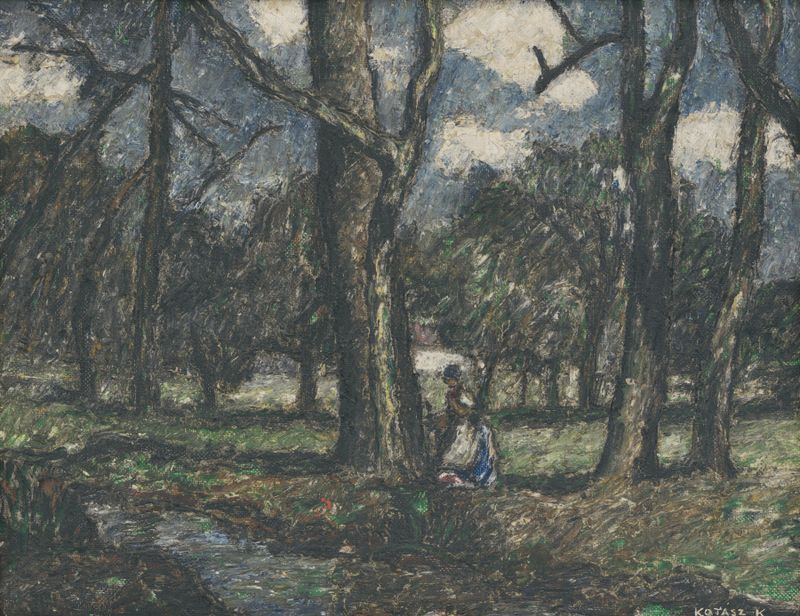 Landscape by Károly Kotász, Post-Impressionism, depicting a serene horizon and cloud-streaked sky