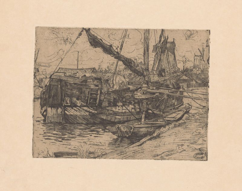 Tjalk in de Baarsjes in Amsterdam by Pieter Dupont, realism, depicts a wooden tjalk on water.