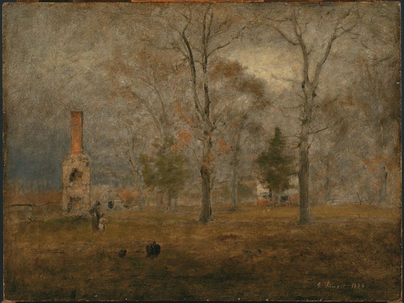 Gray Day, Goochland de George Inness, pintura al óleo que muestra un paisaje brumoso con árboles y un horizonte gris.