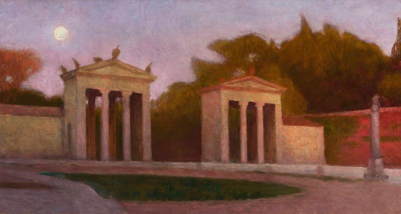 Villa Borghese de Aleksander Gierymski, óleo sobre lienzo que representa un paisaje con arquitectura y luz suave.
