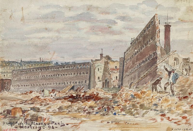 Démolition de la prison Mazas by Frédéric Houbron, depicting a prison facade in an unknown medium.