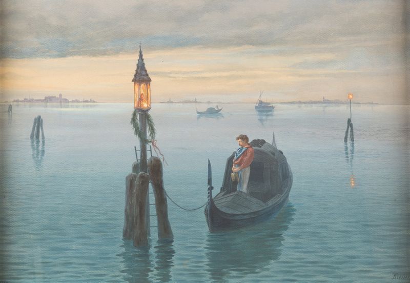 Evening In The Venetian Lagoon de Hermann Krezzer, impressionismo, retratando uma lagoa tranquila ao pôr do sol.