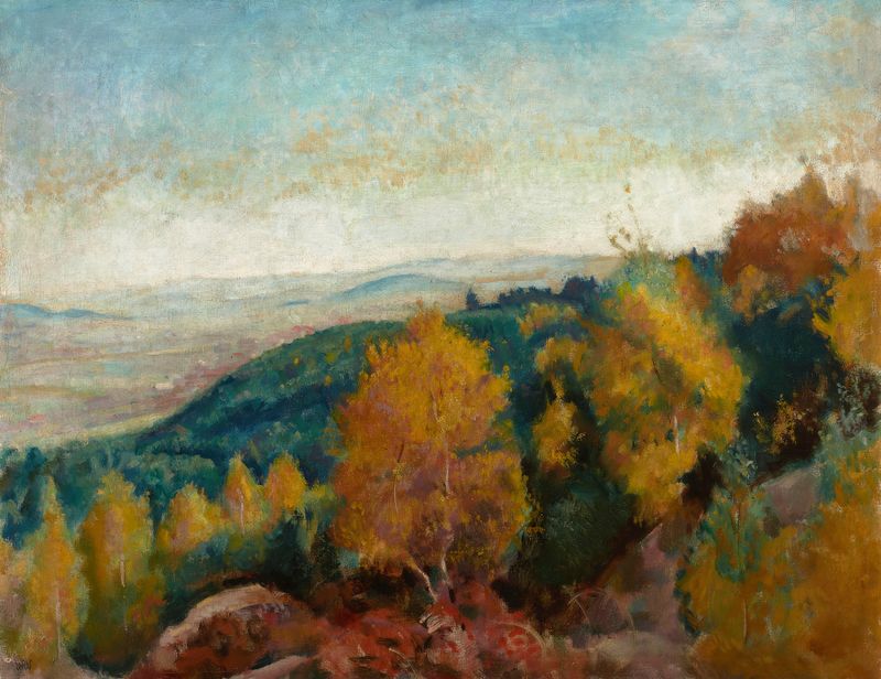 Autumn Landscape by Wojciech Weiss, depicting a warm autumn forest scene, oil painting.