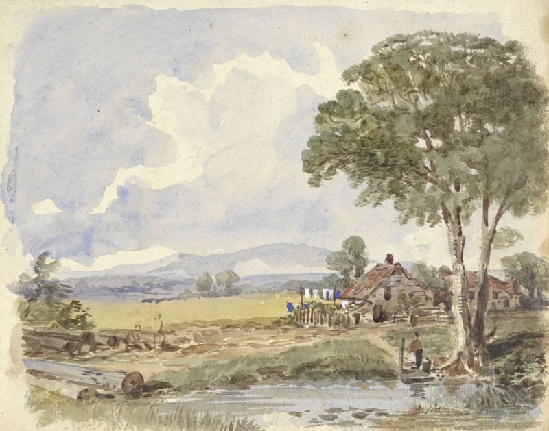 Landschap met boerderij de Pieter van Loon, óleo sobre tela mostrando uma fazenda ao pôr do sol.