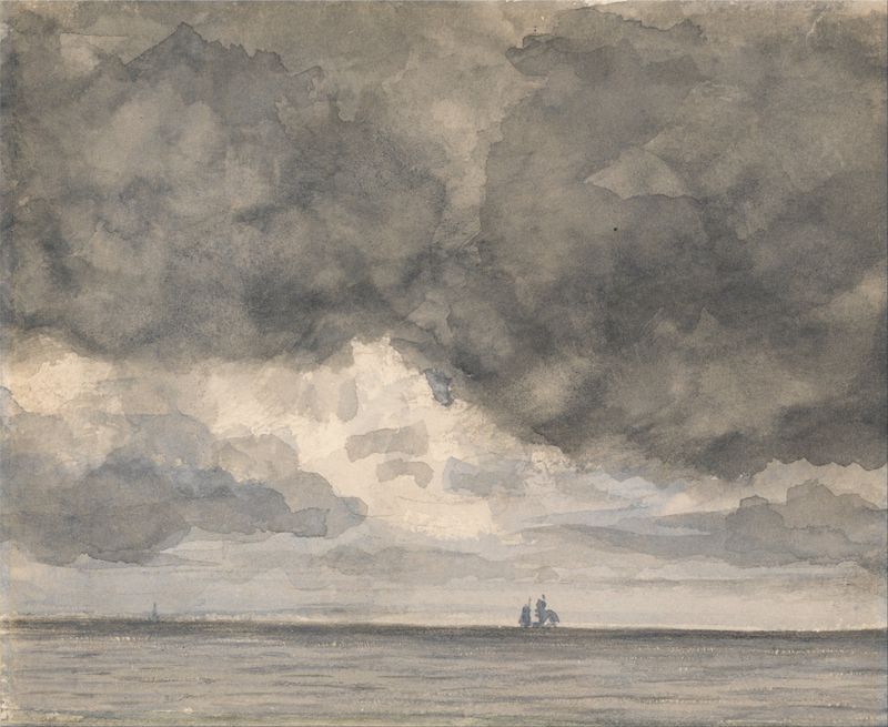 Seascape with Ship and Overhanging Sky de Unknown Artist, pintura al óleo que muestra un barco en el océano bajo un vasto ...