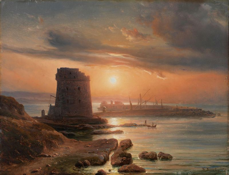El Puerto en Agrigento de Thomas Fearnley, óleo sobre lienzo que representa un paisaje marino sereno.