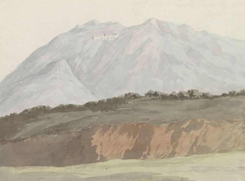 Watercolour by Abraham-Louis-Rodolphe Ducros depicting a monastery in a mountainous landscape