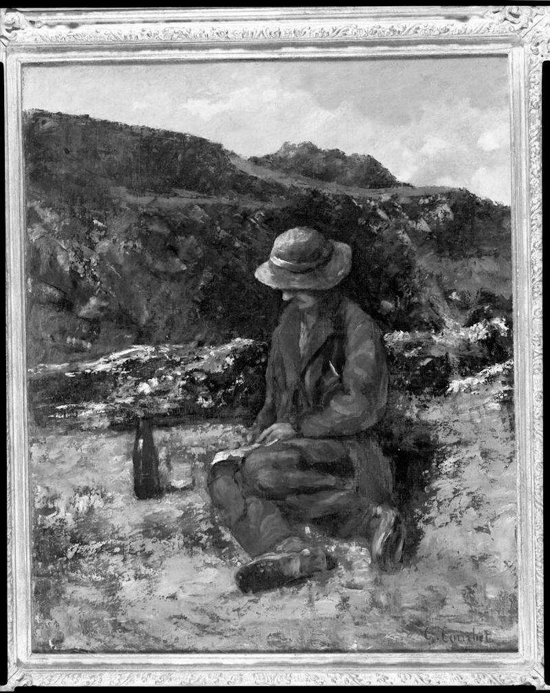 A Stone Cutter de Gustave Courbet, óleo sobre lienzo, muestra a un hombre musculoso cincelando piedra.
