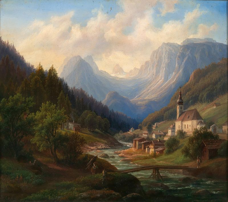 Landscape featuring mountains and valleys, oil painting by Anton Schiffer
