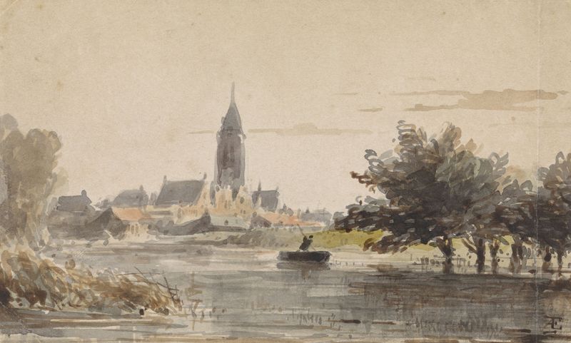 Landscape of a city by a river, oil on canvas by Adrianus Eversen