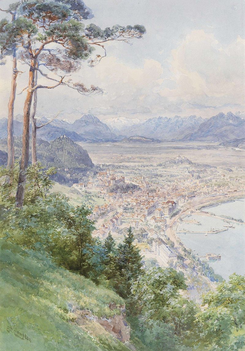 Paisagem do Lago Bodensee, óleo sobre tela de Edward Theodore Compton