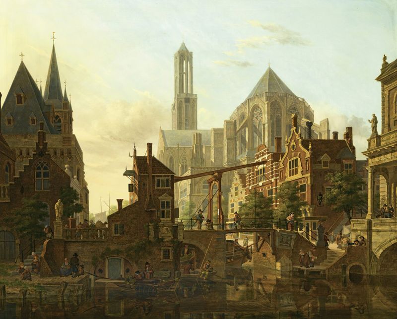 A Lively Townscene, oil on canvas by Jan Hendrik Verheijen, depicting a lively urban street with townsfolk.