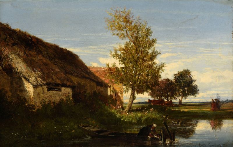 Paisaje con una cabaña y un río, óleo sobre lienzo de Émile Lambinet