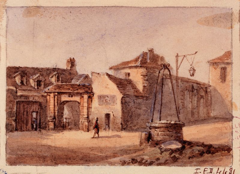 Engraving by Auguste-Sébastien Bénard depicting church ruins with soft light